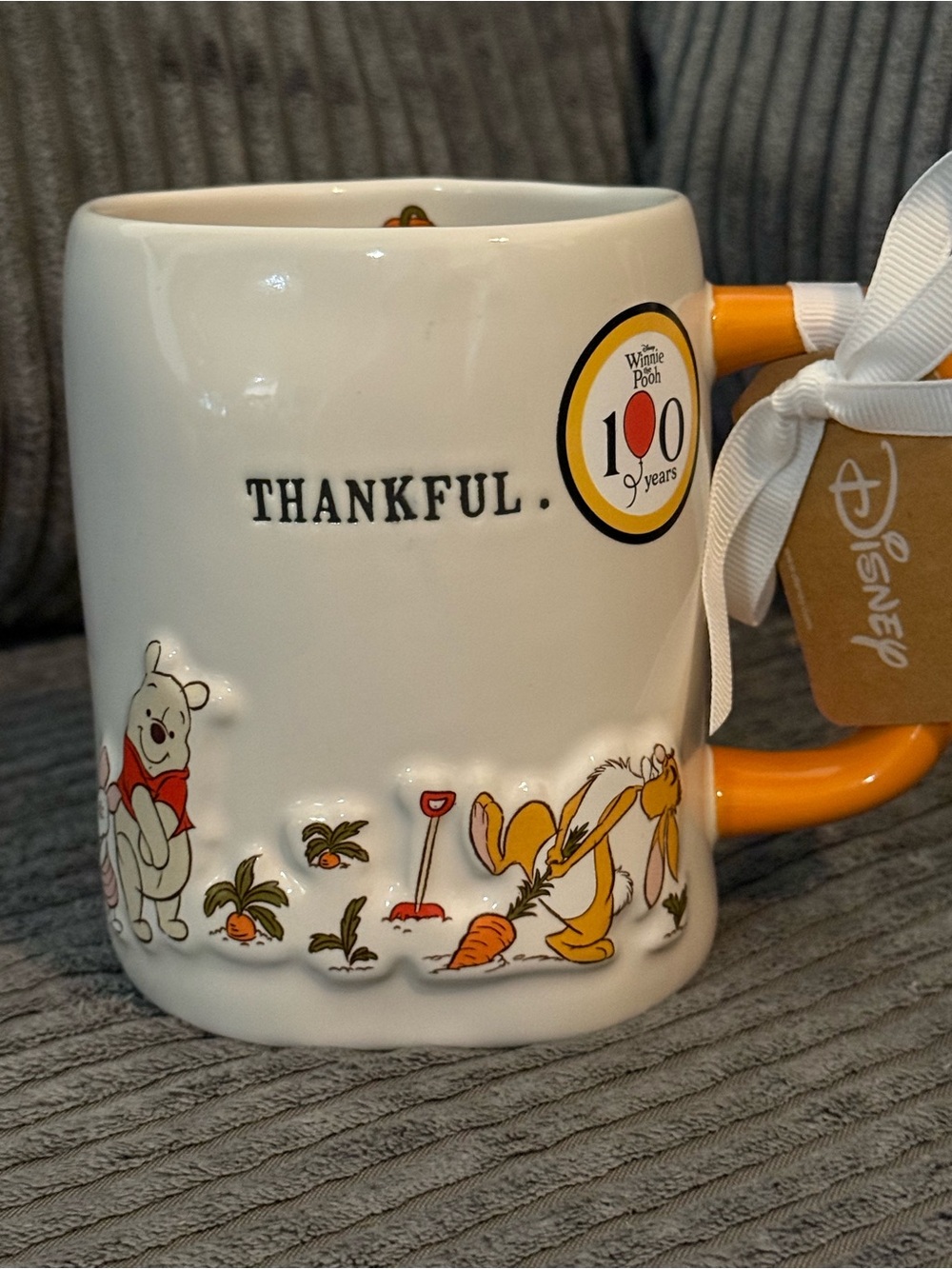 Rae Dunn ✨ Disney Winnie the Pooh White & Orange Ceramic Mug THANKFUL. NWT